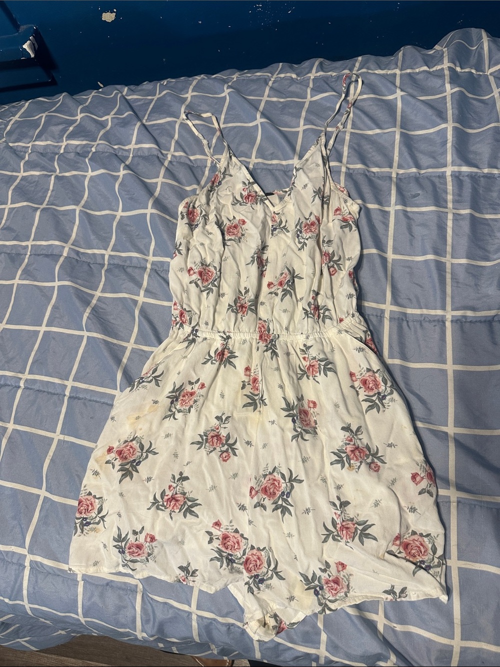 White Floral Spaghetti-Strap Romper with Pink Roses